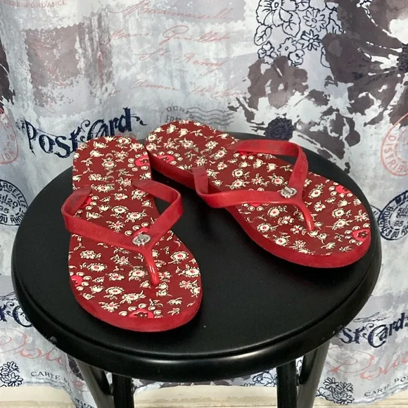 Coach Red Floral Flip Flops - Picture 1 of 6
